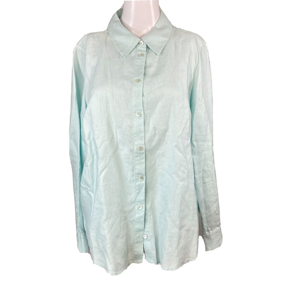 Pure Collection Shirt Womens Sz 12 Aqua Blue Green Linen Long‎ Sleeve Button Up - Picture 1 of 8